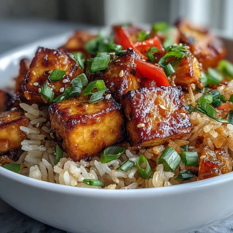 Bright red bell pepper, peas, and scallions are tossed into a hot wok for this Crispy Sesame Tofu Fried Rice.