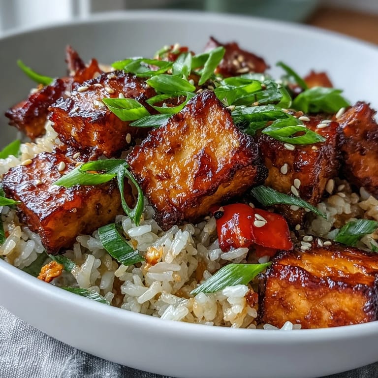A close-up shows a forkful of savory Crispy Sesame Tofu Fried Rice, garnished with toasted sesame seeds and fresh greens.