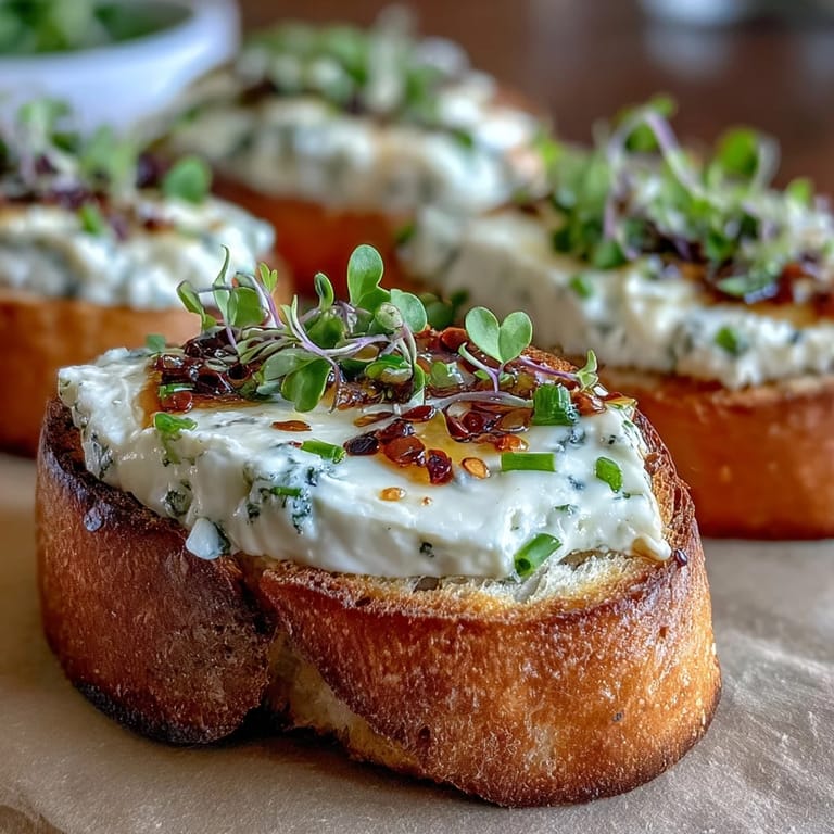 Toasted bread topped with rich goat cheese and cream cheese blend, garnished with fresh green chives.