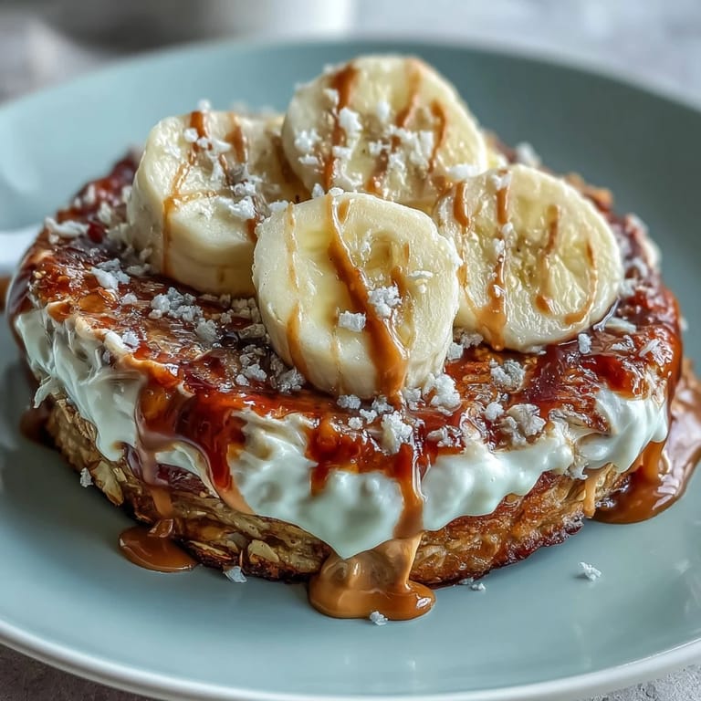 Fresh banana slices and a rich peanut butter drizzle add texture to this High-Protein Breakfast Pizza Bowl.