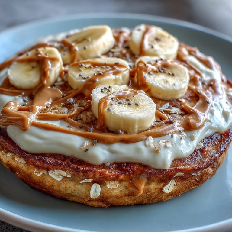 Served hot in a skillet, this High-Protein Breakfast Pizza Bowl features fluffy pancake base and sweet banana toppings.