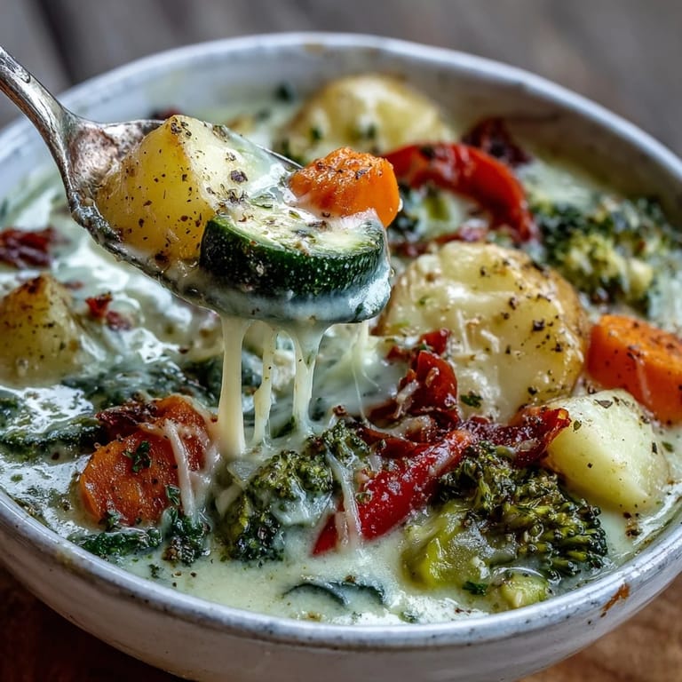 A steaming ladle of Creamy Garlic Parmesan Veggie Soup shows vibrant diced vegetables and a rich, cheesy, creamy broth.