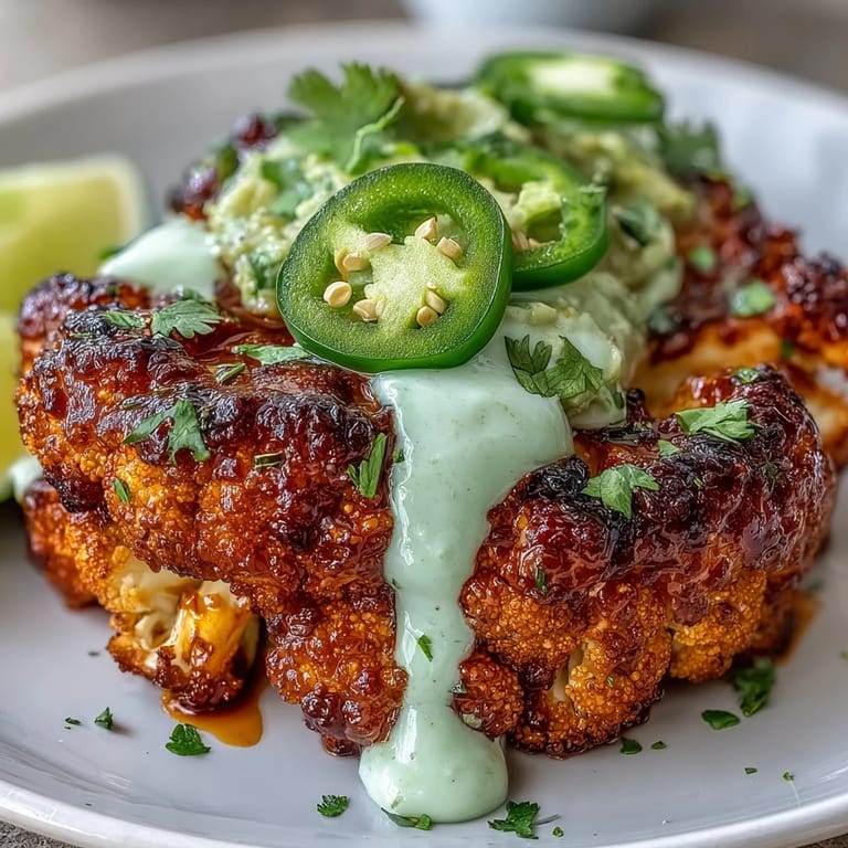 Thick-cut Keto Chili Lime Cauliflower Steaks plated with lime wedges and sliced jalapeños, perfect for a vibrant low-carb vegetarian dinner.