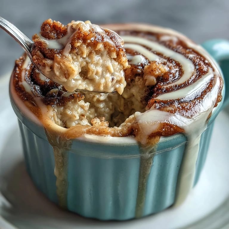 A single-serve Cinnamon Swirl Protein Banana Baked Oats topped with sliced bananas and a creamy dollop of Greek yogurt.