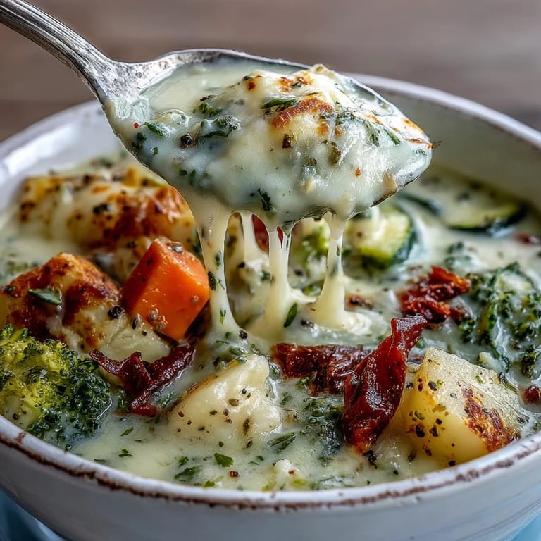 A steaming ladle of Creamy Garlic Parmesan Veggie Soup shows vibrant diced vegetables and a rich, cheesy, creamy broth.