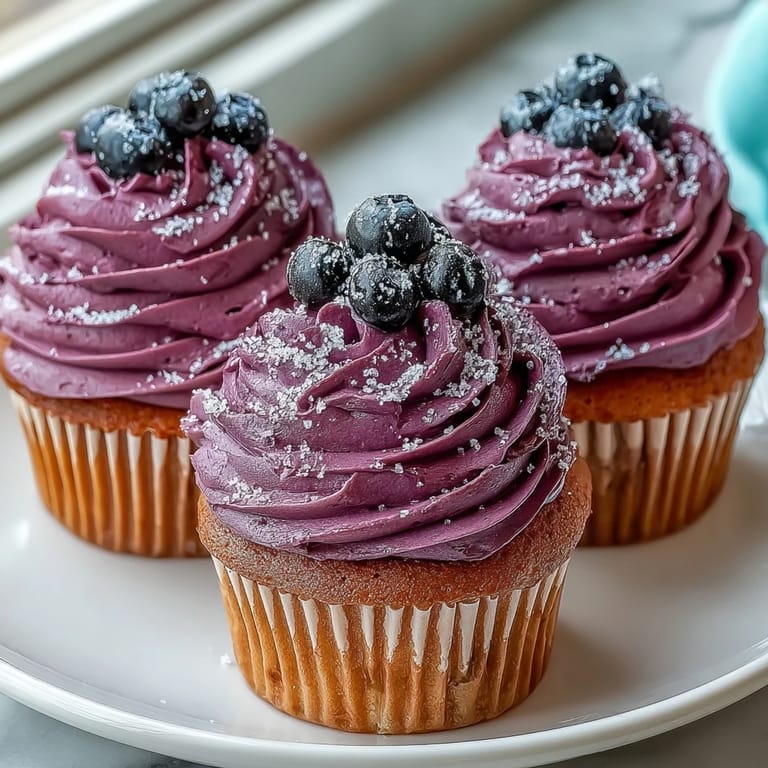 Silky black currant frosting spread on a vanilla cupcake, garnished with fresh currants for a burst of color and tart flavor.