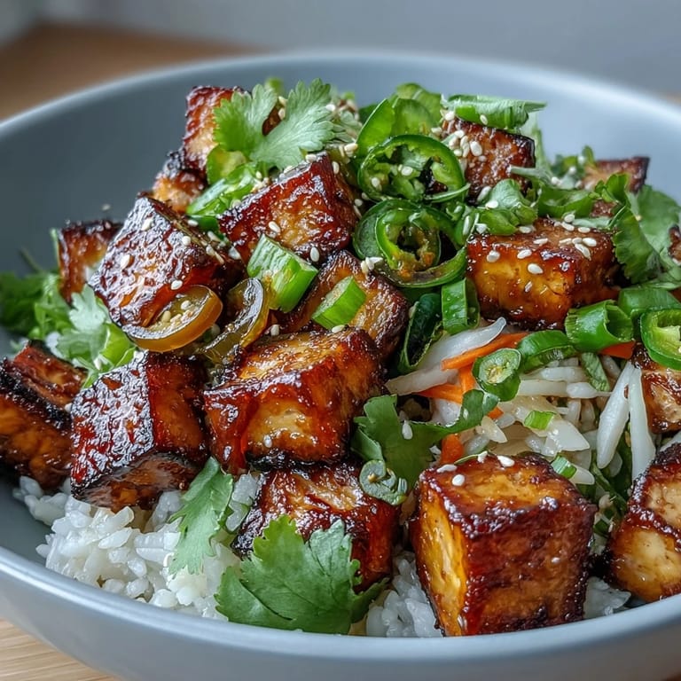 Crispy tofu cubes and tangy pickled veggies served over jasmine rice, drizzled with zesty vegan sriracha mayo for a vibrant Vietnamese-inspired meal.  