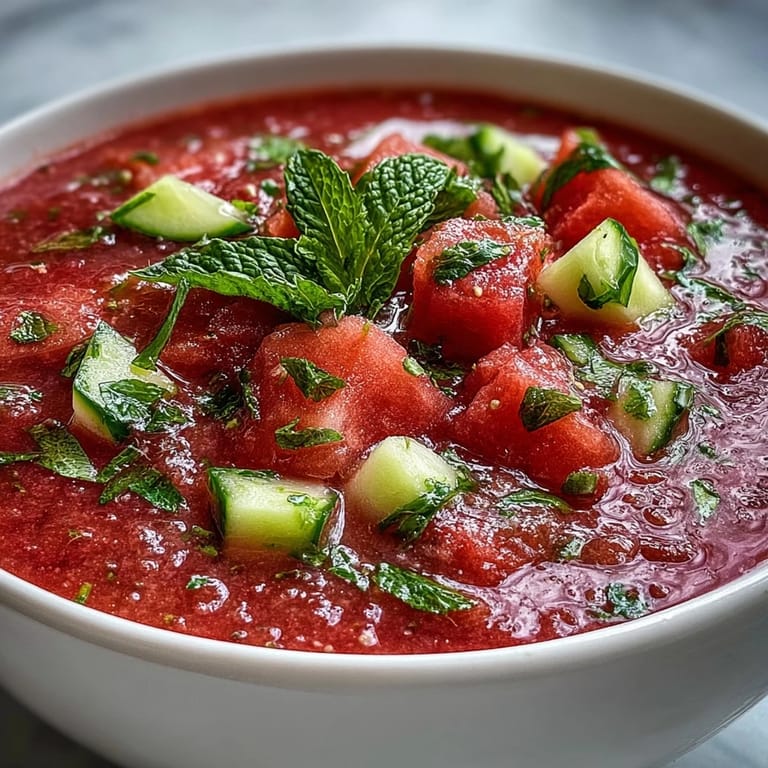 Silky vegan watermelon mint gazpacho with cucumber and lime, served cold and topped with colorful diced watermelon and fresh mint.