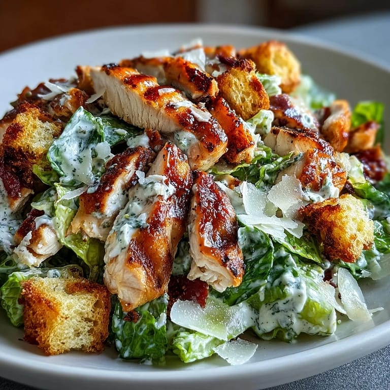 Protein-packed Caesar salad with tender grilled chicken, creamy Greek yogurt dressing, shaved Parmesan, and homemade sourdough croutons.