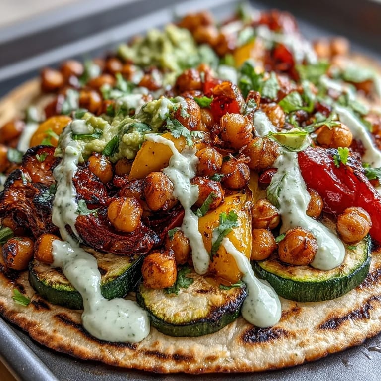 Colorful roasted peppers, zucchini, and chickpeas served in tortillas with fresh cilantro and lime.  