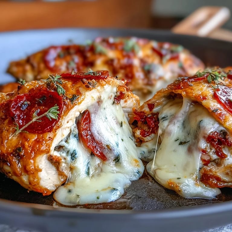 Juicy chicken breasts packed with classic pizza flavors—gooey cheese, tangy sauce, and savory pepperoni—for a low-carb, family-friendly dinner.  