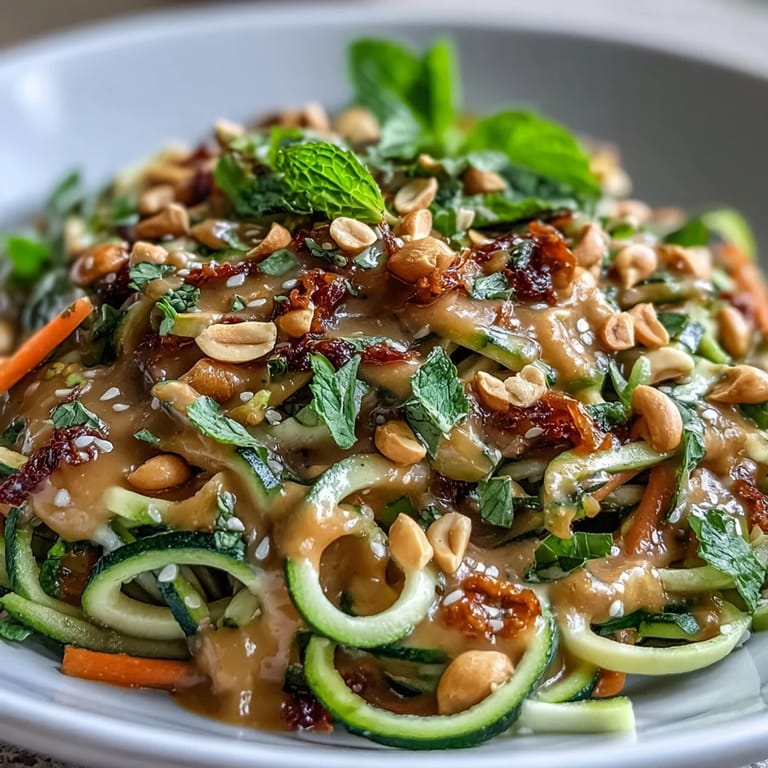 Refreshing Thai-inspired spiralized zucchini noodle salad tossed with crisp vegetable ribbons and rich peanut dressing, perfect for summer gatherings.  