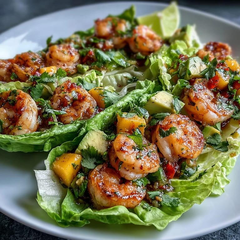 Colorful mango salsa shrimp tacos served in fresh lettuce wraps, topped with avocado and lime for a healthy summer meal.