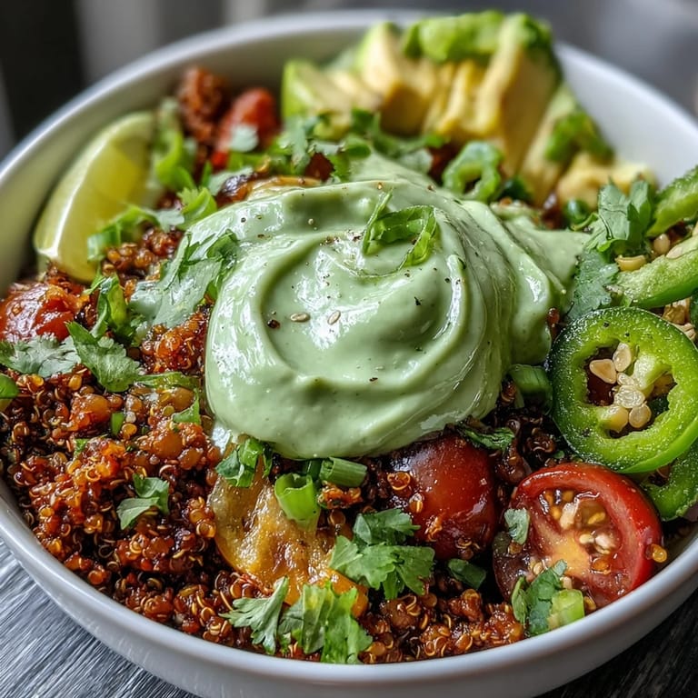 Wholesome lentil and quinoa taco filling topped with avocado lime crema, tomatoes, corn, and cilantro.