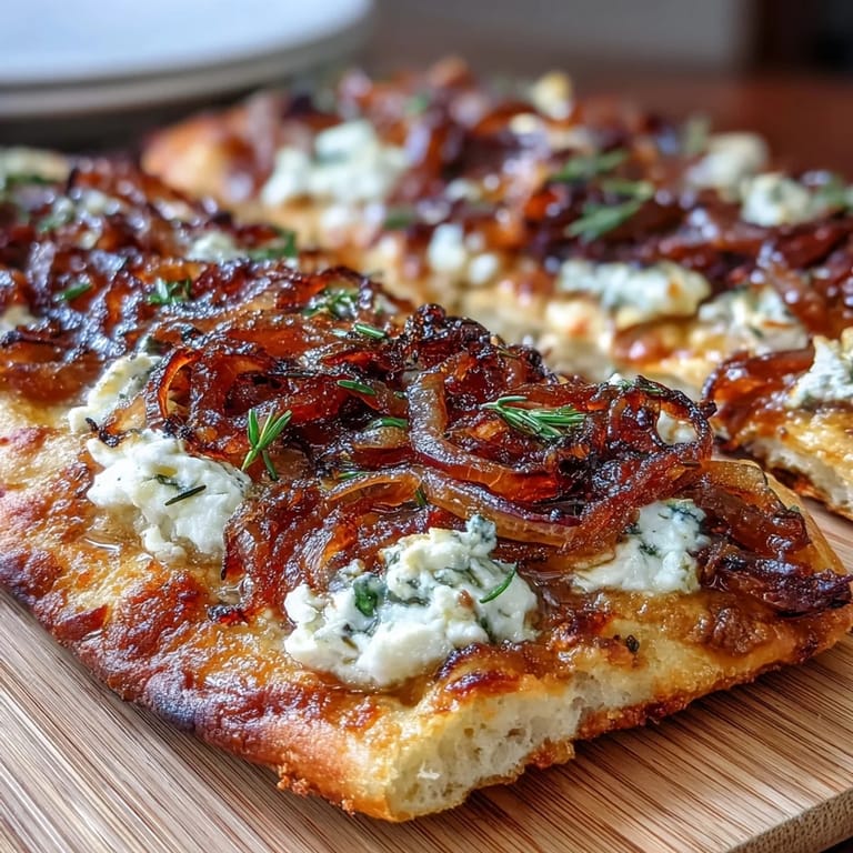 Savory and sweet flatbread featuring deeply caramelized onions, crumbled goat cheese, and fresh thyme, baked to golden perfection.