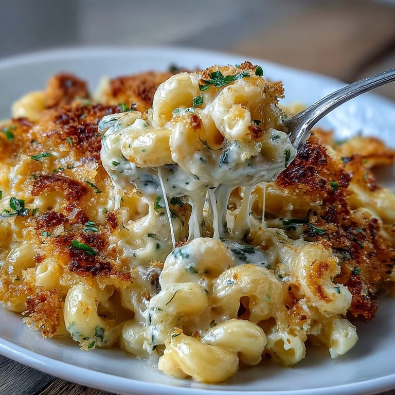 Decadent truffle-infused macaroni and cheese, featuring velvety cheese sauce and golden panko topping, finished with luxurious truffle shavings.