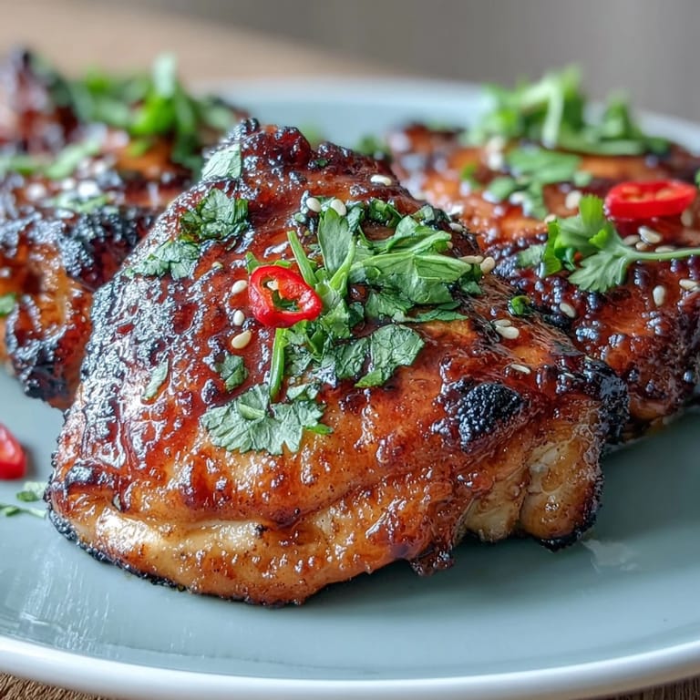 Golden-brown chicken thighs coated in a rich chili jam glaze, with caramelized edges and a hint of ginger and garlic for extra depth.  