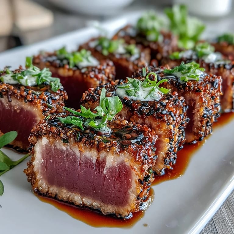 Golden-crusted tuna steaks with a bold black sesame crust, plated with creamy wasabi mayo for a spicy, umami-rich Japanese-inspired dish.