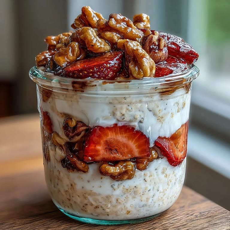 Make-ahead strawberry overnight oats with Greek yogurt, chia seeds, and sweet maple-glazed walnuts.  