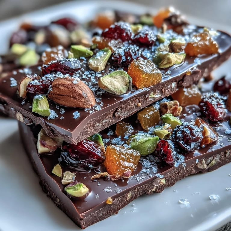 Velvety dark chocolate topped with candied orange peel, freeze-dried raspberries, and a sprinkle of sea salt for a sophisticated sweet indulgence.