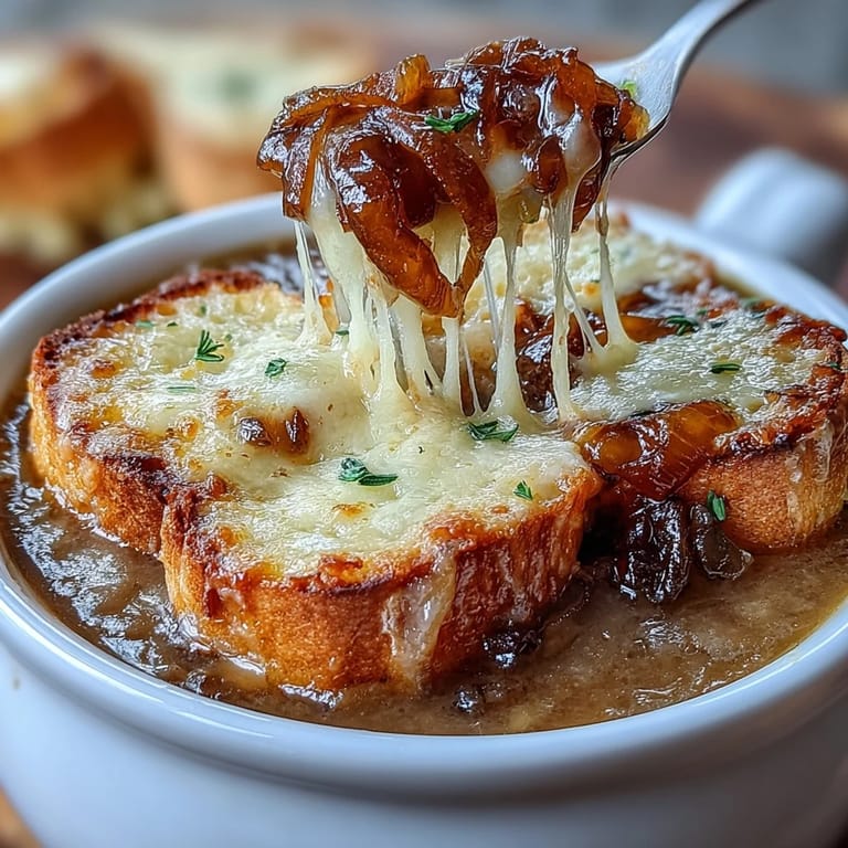 Warm, savory French onion soup with deeply caramelized onions and cheesy sourdough crostini, perfect for winter comfort.