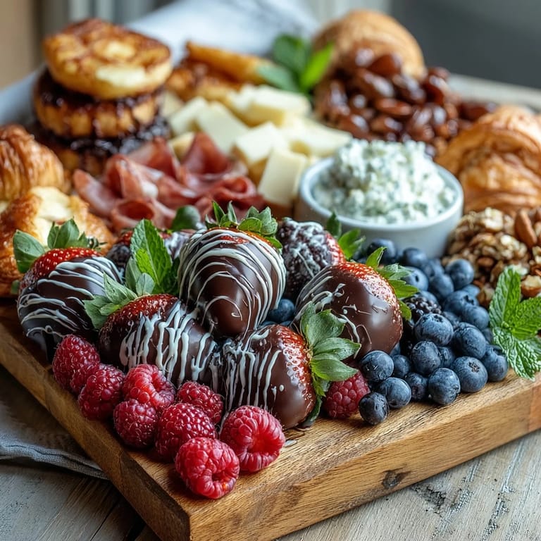 A vibrant berry charcuterie platter featuring chocolate-dipped strawberries, creamy brie, and colorful fresh fruits arranged for Galentine's Day brunch.