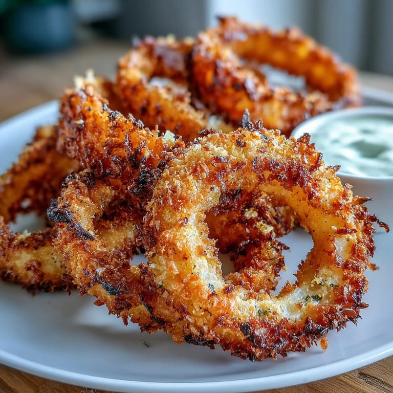 Delicious air fryer onion rings with a golden crust, served alongside a smooth, garlicky aioli sauce.