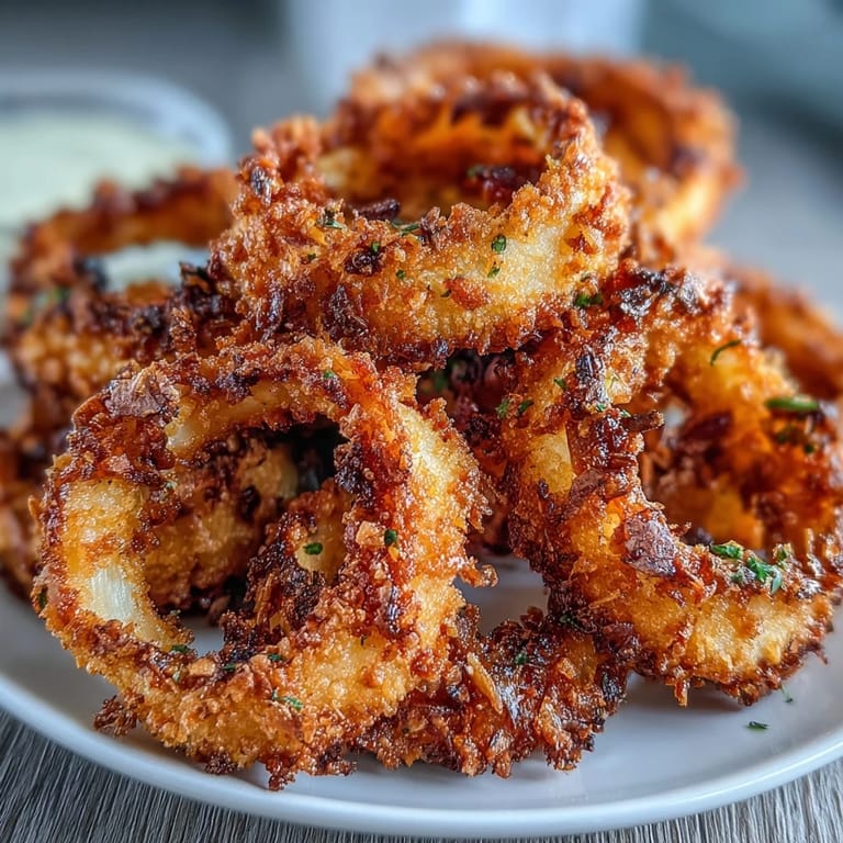 Hot and crunchy onion rings coated in panko and Parmesan, paired with zesty homemade garlic aioli dip.  