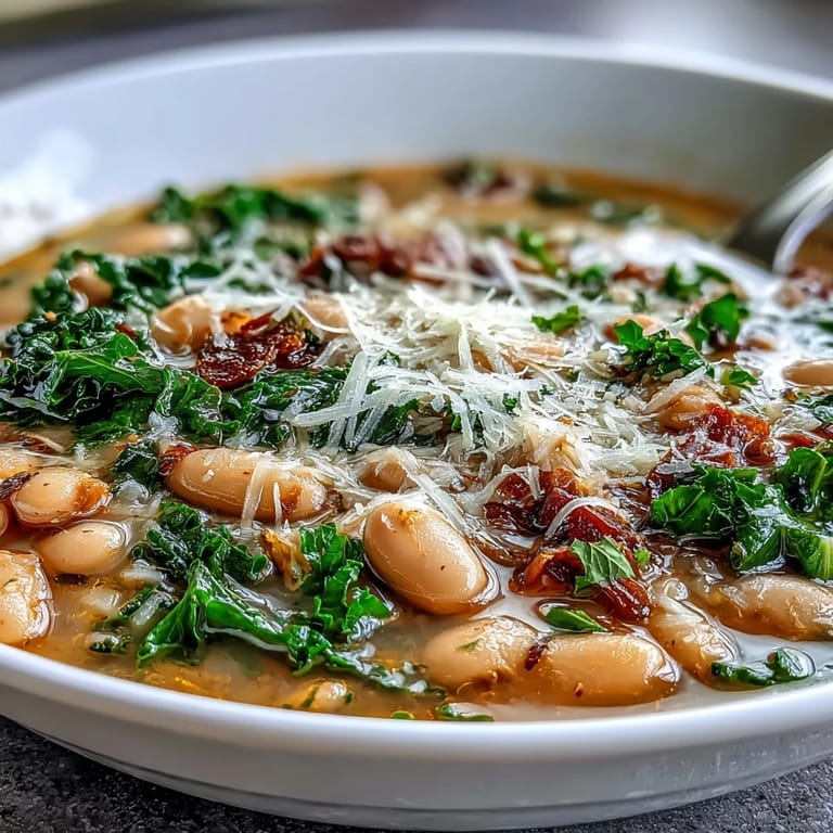 Creamy cannellini beans and tender kale simmer in a rich Parmesan broth for ultimate comfort.  