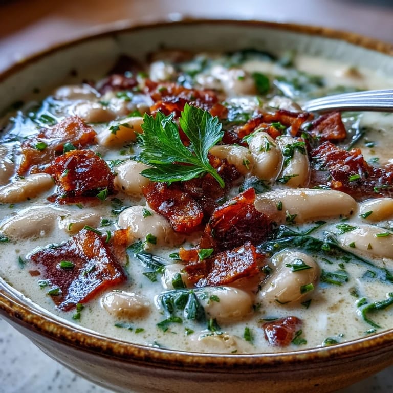 Warm bowl of creamy ham and white bean soup, garnished with fresh thyme and cracked black pepper for extra flavor.  