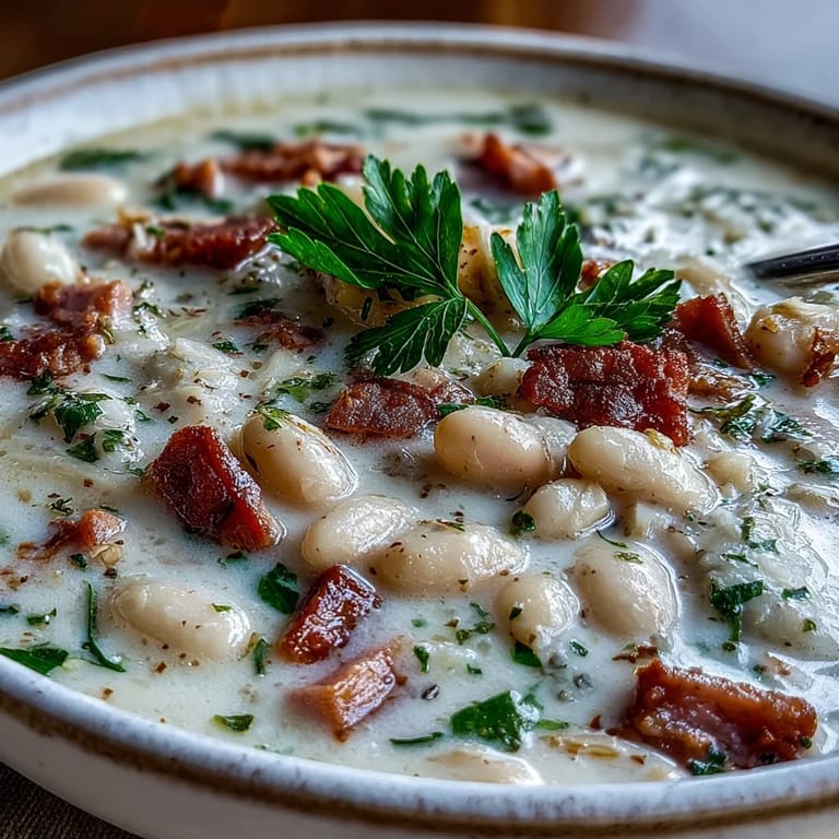 Hearty ham and white bean soup with Yukon Gold potatoes, simmered with aromatic herbs and finished with a swirl of heavy cream.