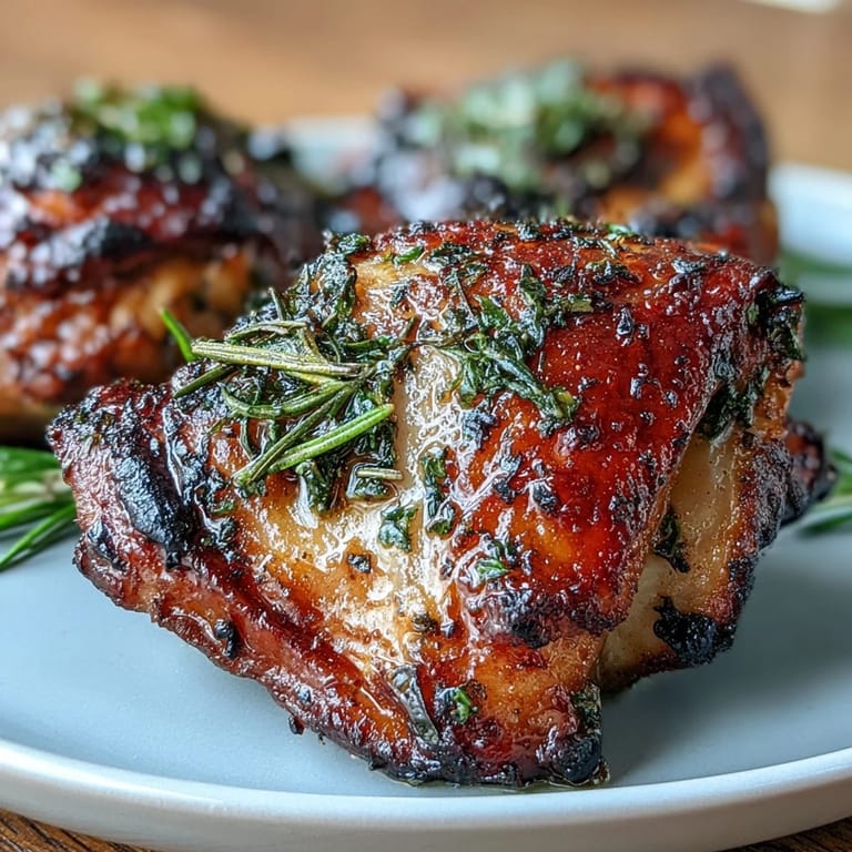 Crispy herb roasted chicken thighs with baby potatoes and carrots, seasoned with rosemary and thyme for a comforting family dinner.
