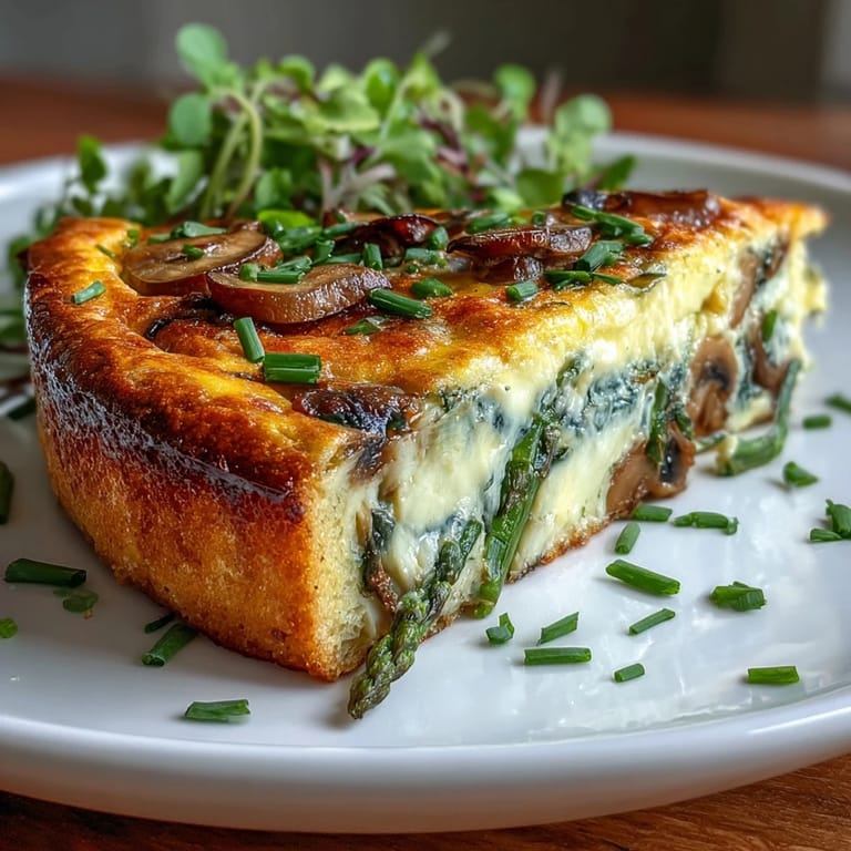 Wholesome spring flavors come alive in this asparagus and mushroom frittata, featuring a buttery sourdough crust and melted Gruyère cheese.