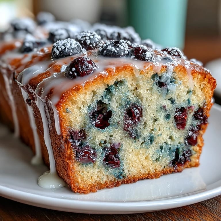 A vibrant lemon blueberry loaf cake drizzled with tangy glaze, offering a burst of fruity flavor in every slice for any occasion.