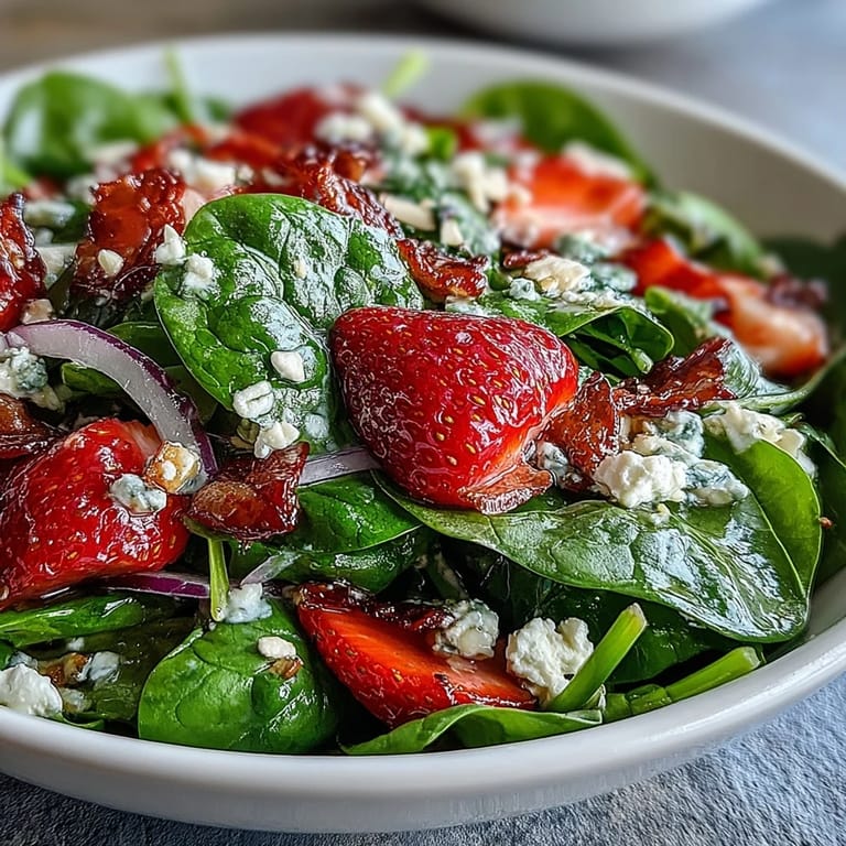 Close-up of Baby in Bloom Spinach Strawberry Salad with Poppy Seed Dressing, highlighting juicy strawberries, tender baby spinach, and crunchy almonds tossed in tangy homemade poppy seed dressing.
