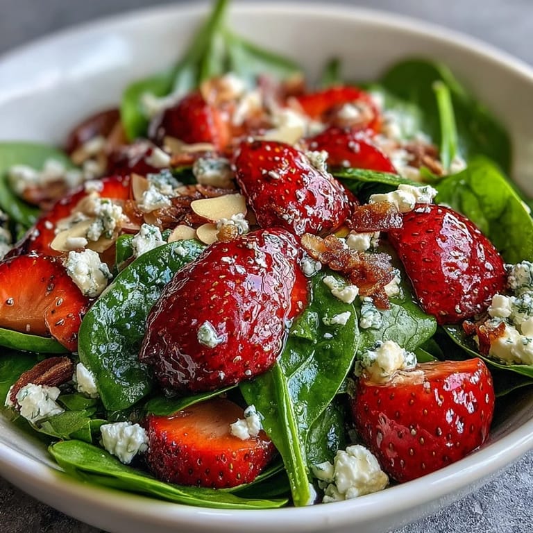 Fresh Baby in Bloom Spinach Strawberry Salad with Poppy Seed Dressing served on a rustic wooden table, featuring colorful layers of baby spinach, sweet strawberries, creamy feta, and golden almonds.