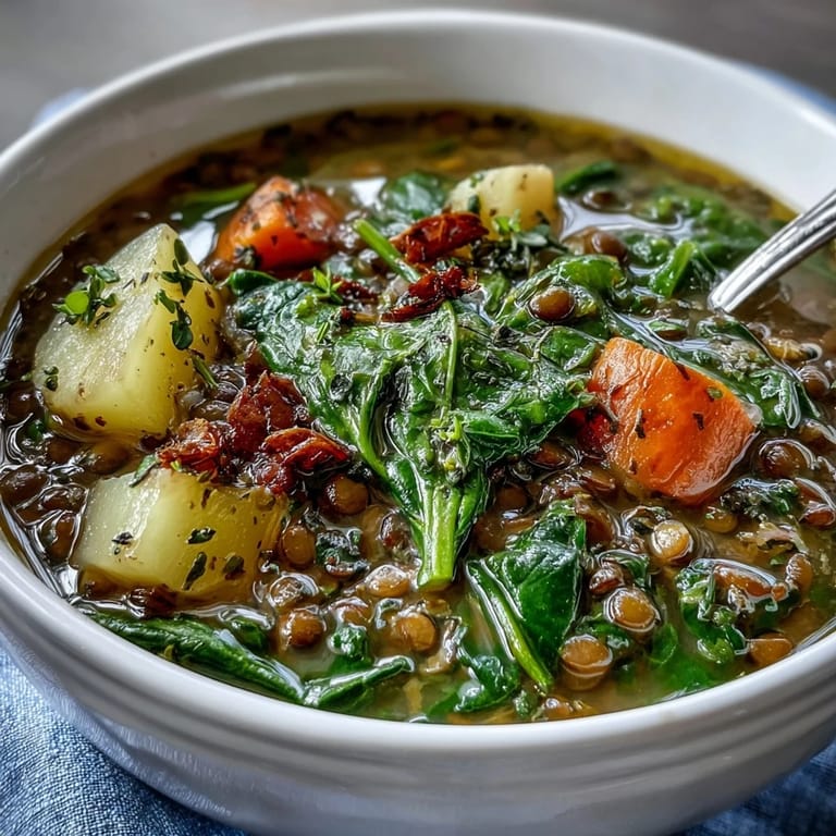 Little Sprout green lentil stew with diced carrots and potatoes, served steaming hot with a sprinkle of fresh greens for vibrant flavor.