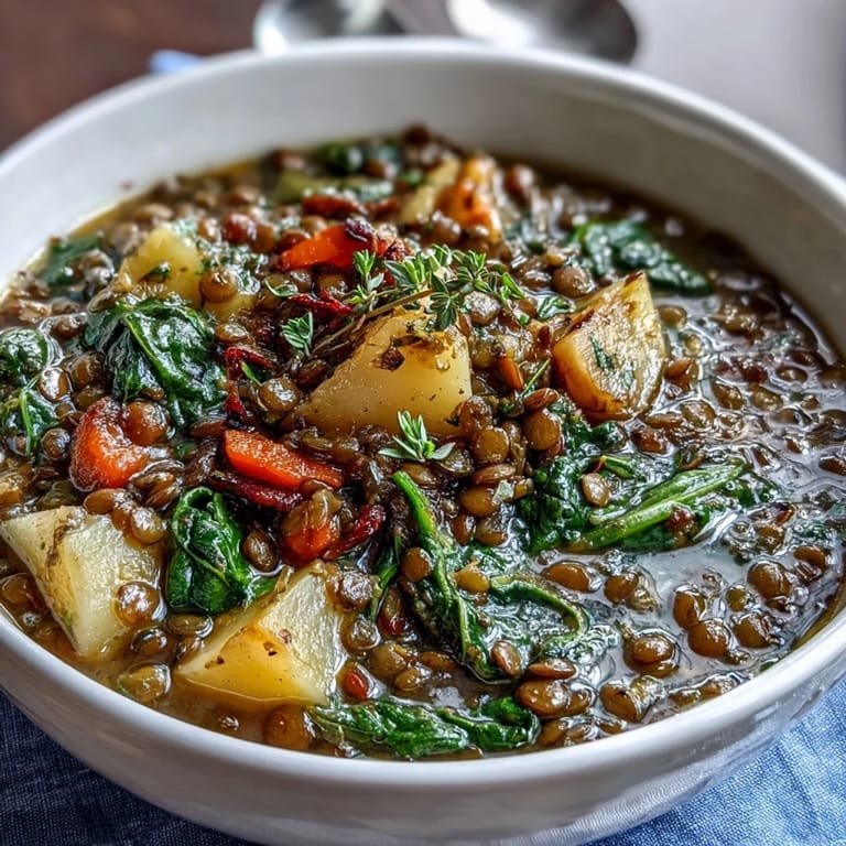 Creamy green lentil stew featuring tender carrots and potatoes, simmered with aromatic herbs in a rich, savory broth for a nourishing dinner.  