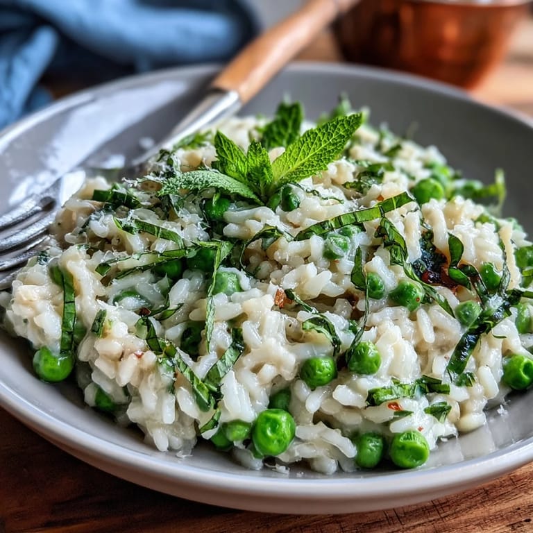 Homemade spring pea and mint risotto with Parmesan, served hot with a sprinkle of lemon zest and cracked black pepper.