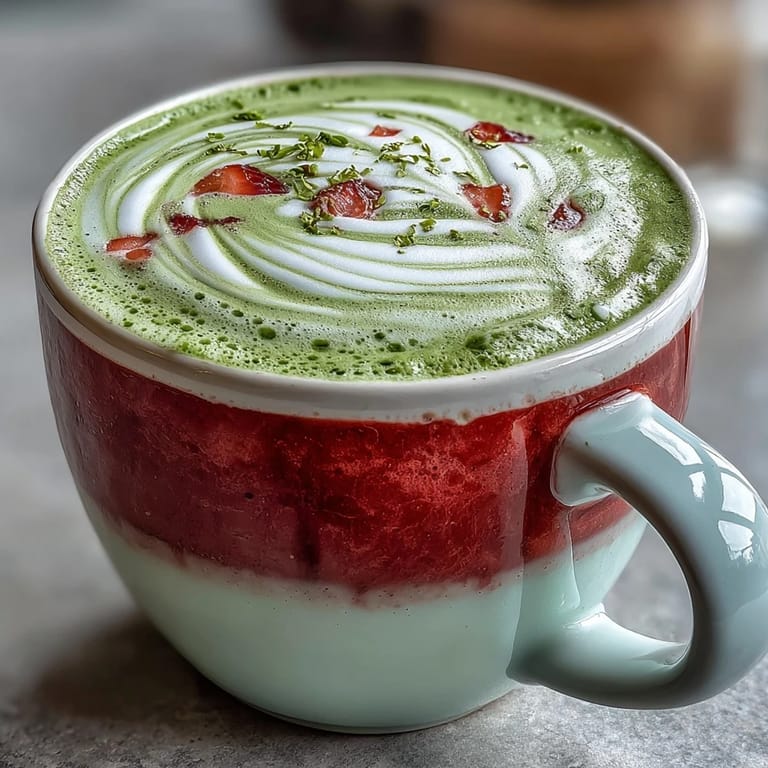 Cozy evening vibes captured in this creamy strawberry matcha latte, blending frothy milk with earthy matcha and sweet strawberry flavors, served in a rustic mug.
