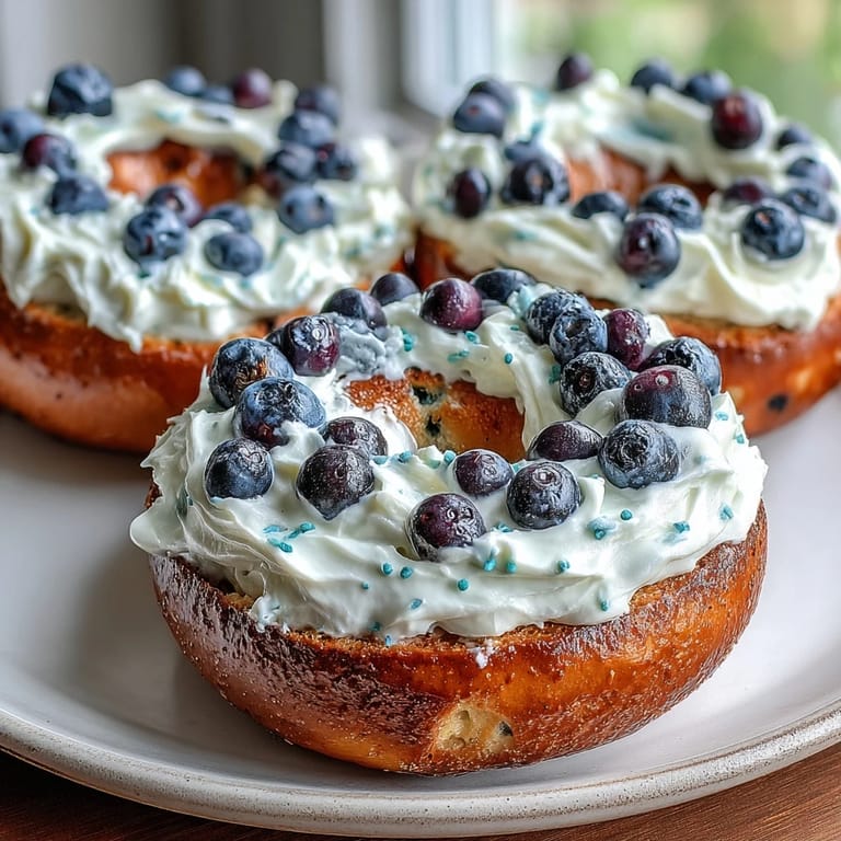 Chewy homemade bagels bursting with juicy blueberries, finished with a tangy Greek yogurt frosting for a delicious, healthy treat.  