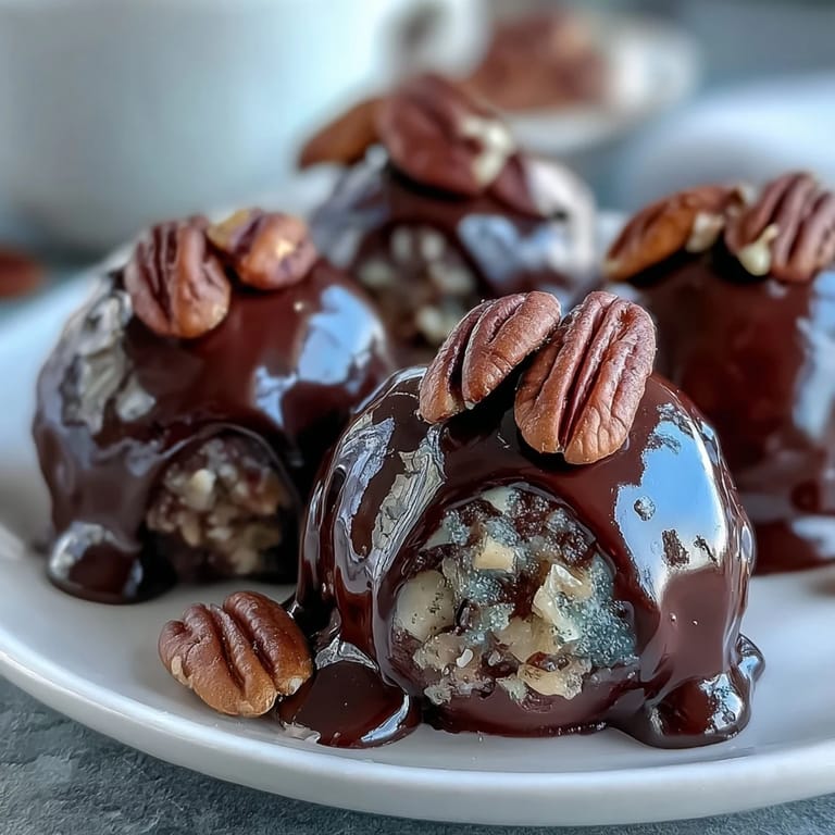 Elegant Kentucky Derby bourbon balls with a luscious bourbon-infused center and glossy chocolate shell, garnished with whole pecans.