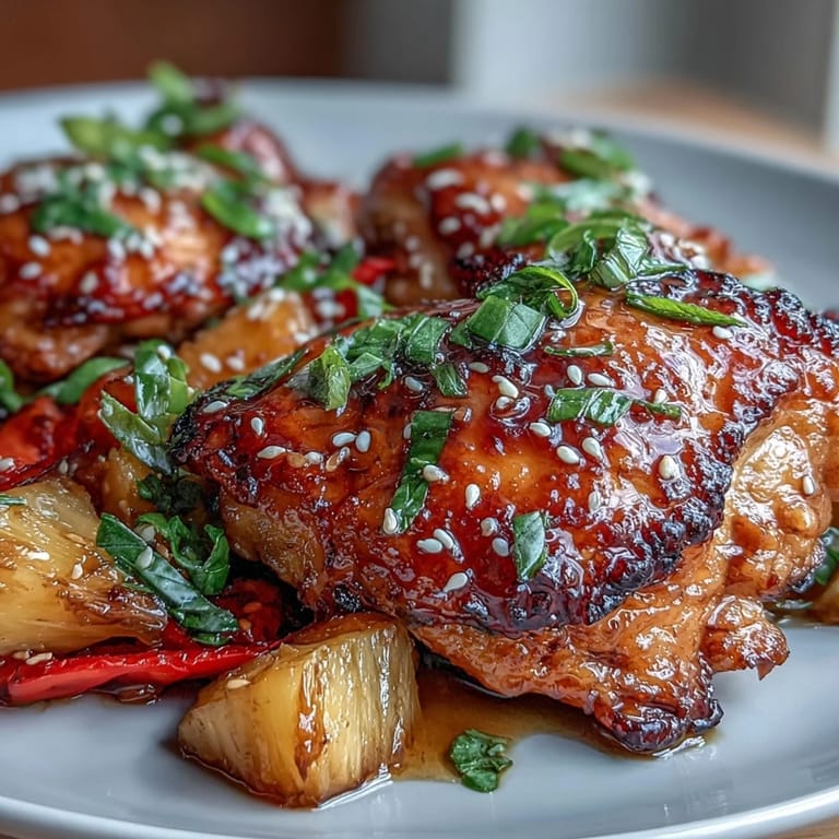 Aromatic honey garlic sauce coats juicy chicken thighs and tropical pineapple chunks, creating a sticky, flavorful skillet dinner with colorful vegetables.  