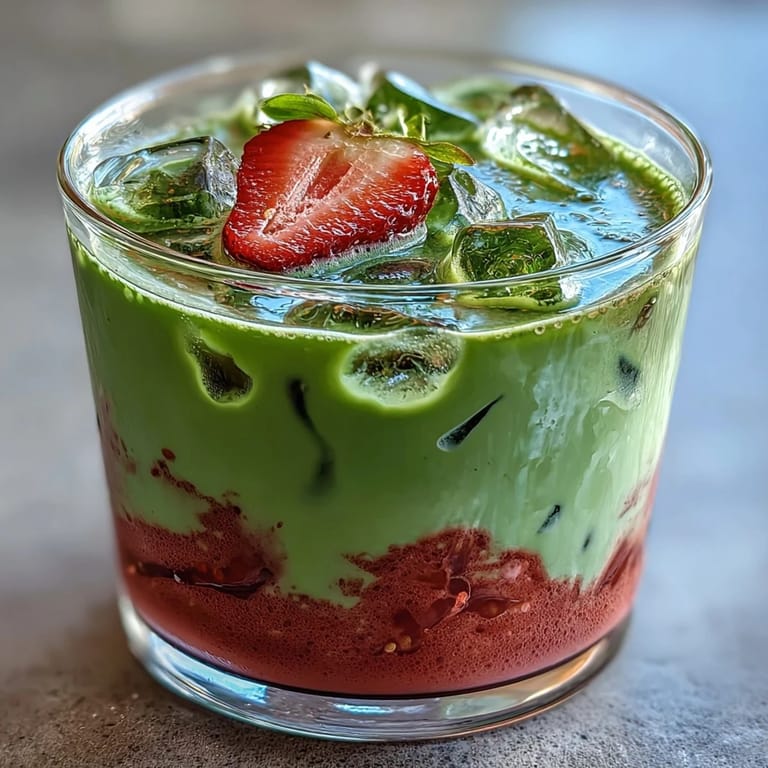 Two tall glasses filled with a stunning layered iced latte featuring strawberry puree, matcha green tea, and milk, topped with fresh strawberry slices.