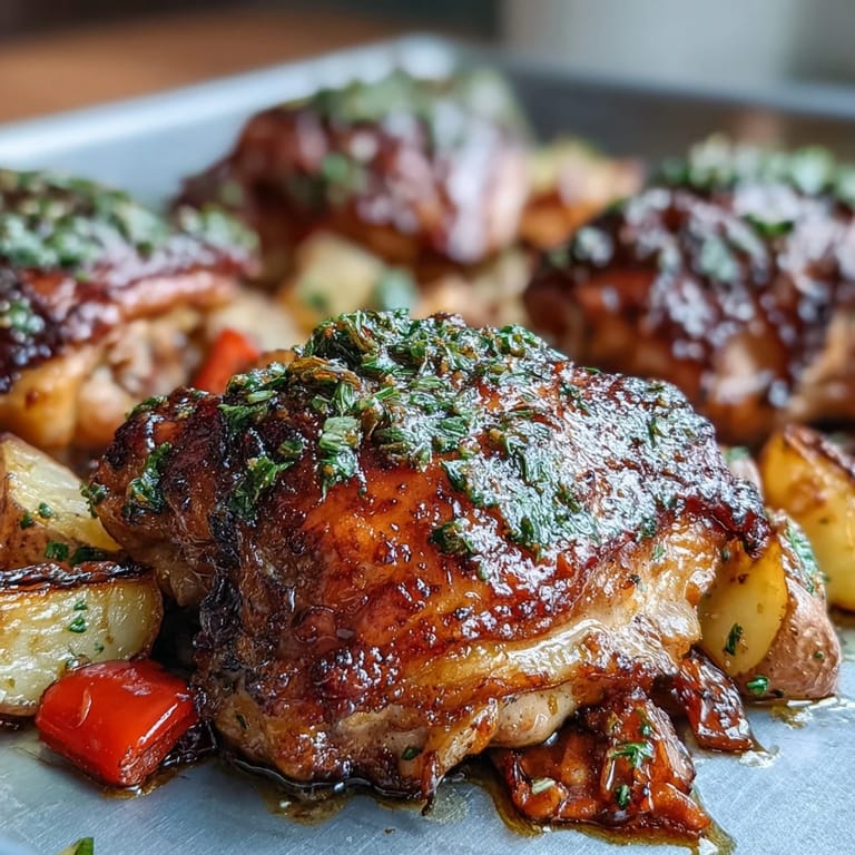 Easy one-pan dinner: crispy-skinned chicken with caramelized vegetables, perfect for busy weeknights and minimal cleanup, served with lemon wedges.