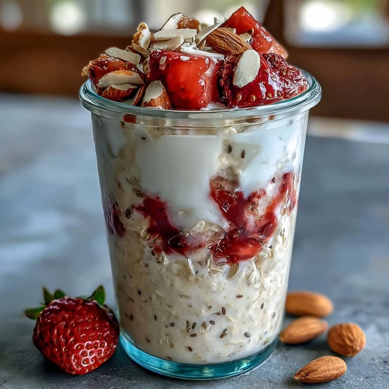 Strawberry protein overnight oats layered in mason jars with fresh berries and crunchy almond topping.