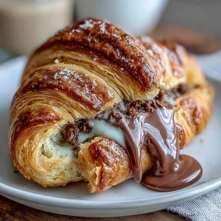 Buttery, tangy sourdough croissants oozing with melted dark chocolate, featuring a shatteringly crisp crust and tender, airy layers for a luxurious treat.
