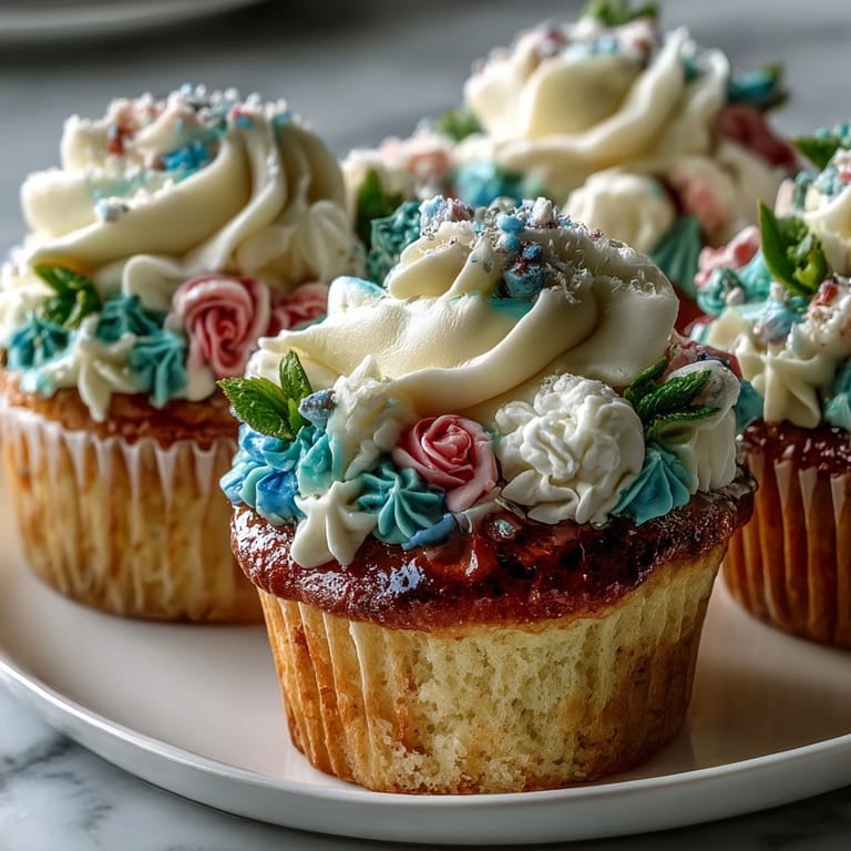 Sweet vanilla cupcakes adorned with intricate pastel buttercream floral designs, perfect for festive gatherings.