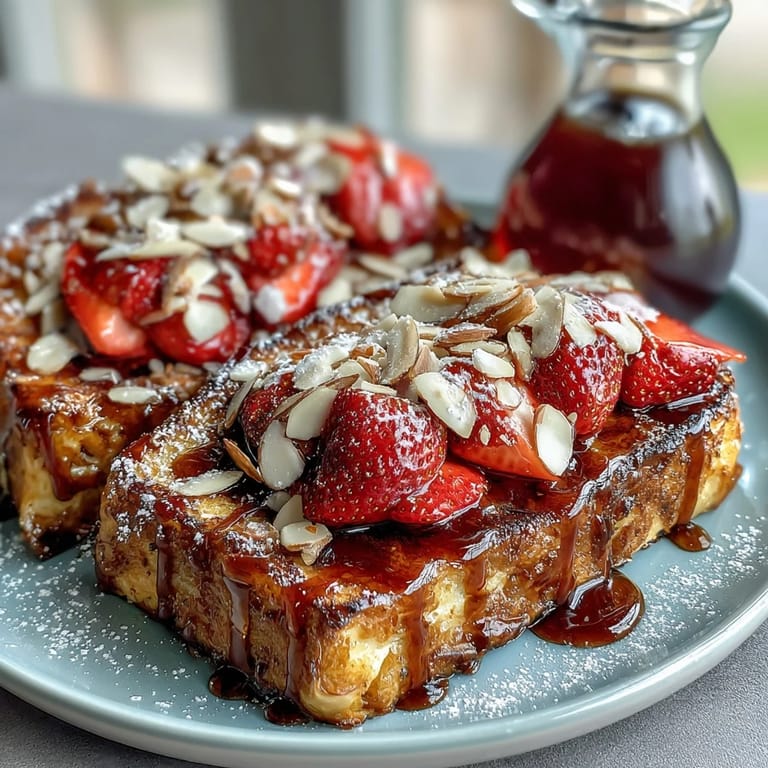 Layers of buttery brioche and juicy strawberries baked in a rich vanilla custard, dusted with powdered sugar for a festive breakfast.
