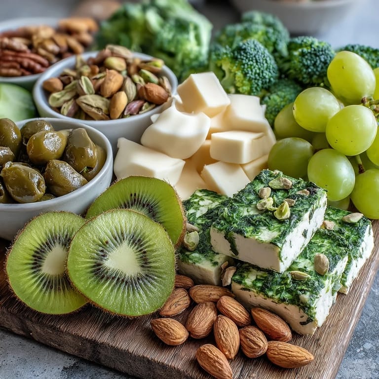 Celebrate with this colorful St. Patricks Day green food board featuring fresh produce, savory bites, and sweet treats.  